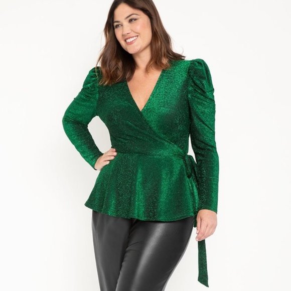 eloquii Tops - new ELOQUII green sparkle puff sleeve wrap blouse